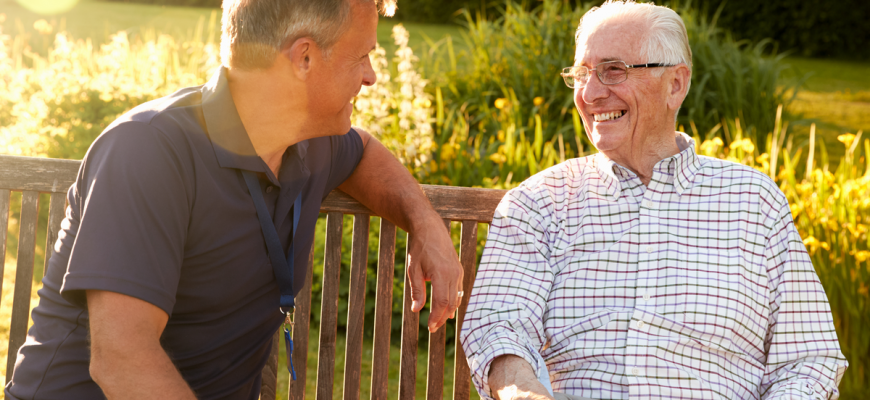 A man touring an assisted living facility.